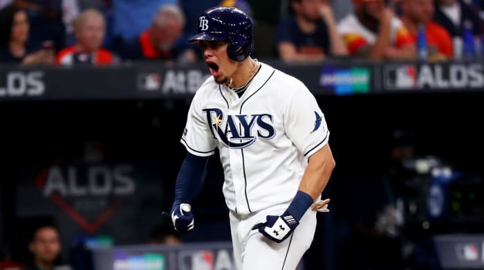 Oct 8, 2019; St. Petersburg, FL, USA; Tampa Bay Rays shortstop Willy Adames (1) celebrates his home run during the fourth inning in game four of the 2019 ALDS playoff baseball series against the Houston Astros at Tropicana Field. Mandatory Credit: Kim Klement-USA TODAY Sports